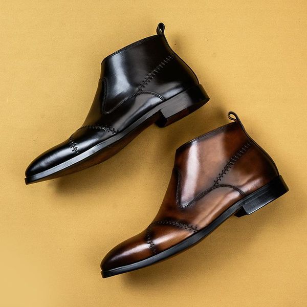 

boots men's england leather high fashion goodyear handmade trendy, Black