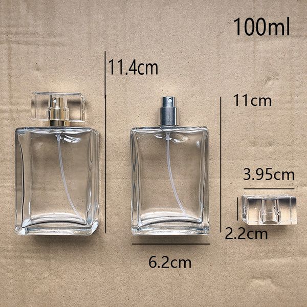 Gold-Silber-Pumpnebelsprüher, quadratische Parfüm-Sprühflaschen aus Glas, 100 ml, transparente Verpackung, Kosmetikfläschchen für Make-up