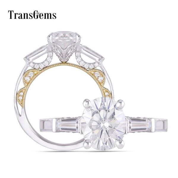 

cluster rings transgems 14k white and yellow gold center 2ct 7*9mm f color oval moissanite 3 stone engagement ring for women with accents, Golden;silver