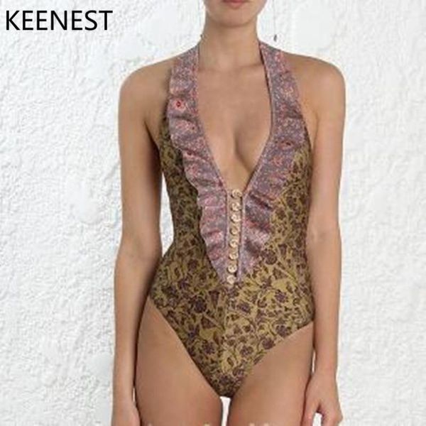 

deep-v one piece swimsuit female women vintage retro swimwear bandage ruffle backless monokini one-piece suits