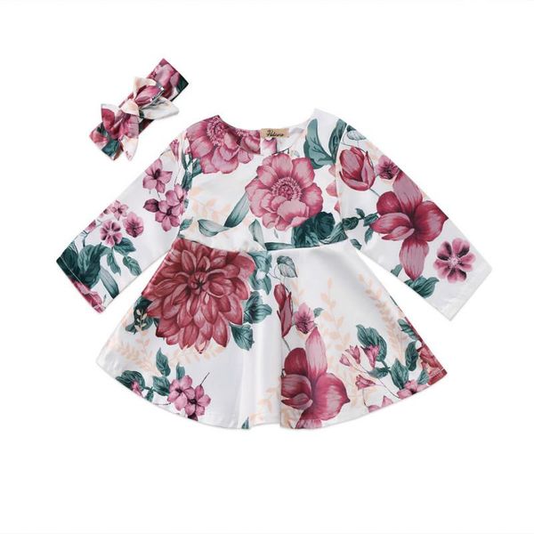 

girl's dresses born kids baby girls infant floral cotton long sleeve mini dress +headband 2pcs set party pageant wedding peincess, Red;yellow