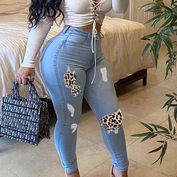 

jean 5xl plus size women high waist casual leopard print patchwork ripped elastic skinny jeans lady denim pencil pants, Blue
