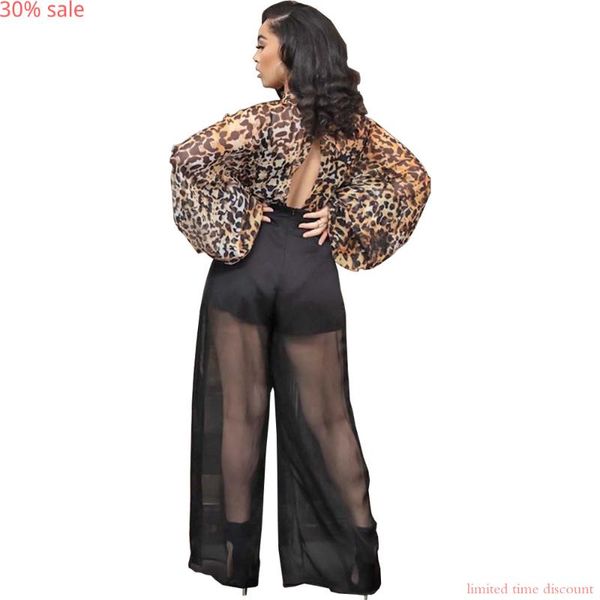 

women's jumpsuits & rompers for women 2021 open back romper hollow out loose jumpsuit bow neck chiffon leopar print patchwork long, Black;white