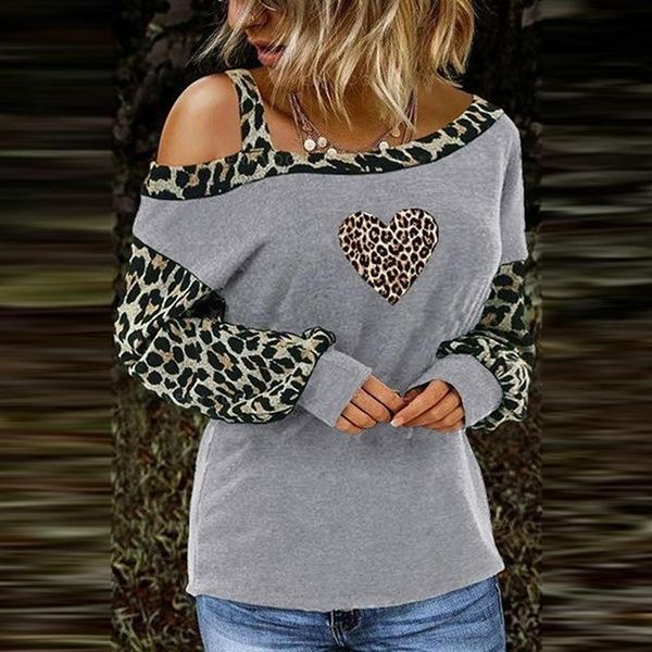

women's t-shirt 2021 fashion printed women off-shoulder leopard stitching long sleeve t shirts casual skew collar 4 color, White