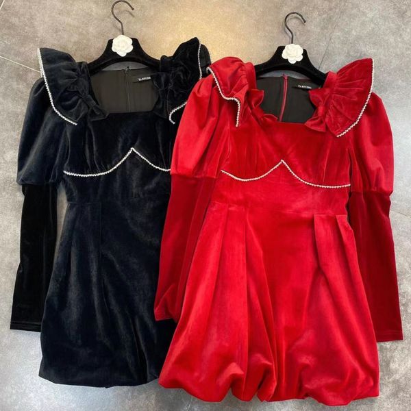 

spring arrivals solid long sleeve square neck court puff ruffle bow dress waist velvet dresses mz108 210525, Black;gray