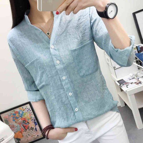

women's blouses & shirts 2020 summer korea fashion women long sleeve stand collar white shirt double pocket casual loose cotton