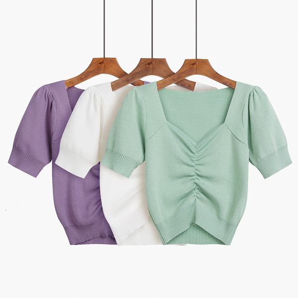 

T-shirt High quality solid color knitted T-shirt short sleeve women's 2020 summer ins fashionable clavicle tight V-neck purple top, White