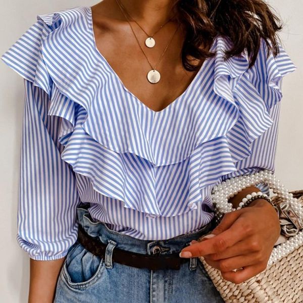 

women's blouses & shirts 2021 striped print shirt women summer ruffle half sleeve v neck vacation casual lady blouse top, White