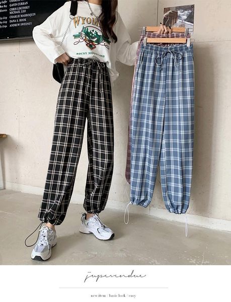 

women's pants & capris fashion plaid women loose straight 2021 autumn high waist harem casual carrot british street, Black;white