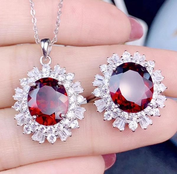 

per jewelry natural real red garnet luxury style jewelry set 1pc ring 1pc pendant 5ct*2pcs gemstone 925 sterling silver s205117, Black