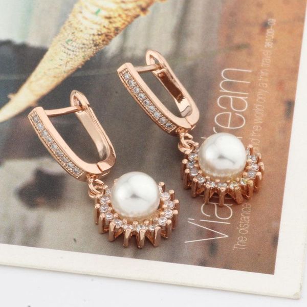 

trend 2021 round pearl dangle earrings for women wedding fashion jewelry 585 rose gold cubic zirconia eardrop & chandelier, Silver