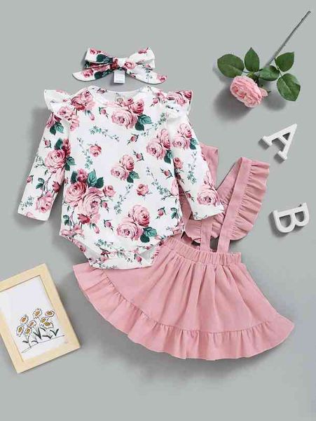 

baby girl floral print ruffle bodysuit & pinafore skirt & headband she, Blue