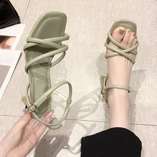 

sandals woman's square toe cross-tied buckle strap solid female summer shoes fashion elegant leisure concise ladies footwear, Black