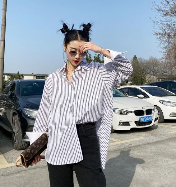 

office ladies striped shirts korean patchwork long-sleeved blouses women spring autumn women's &, White