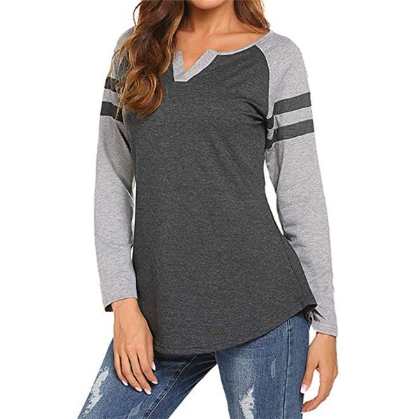 Kadın Raglan Uzun Kollu T-Shirt Moda Çizgili Patchwork Tasarım Kavisli Hem Gevşek Fit Henley V Boyun Beyzbol Tee Gömlek Tops 210406