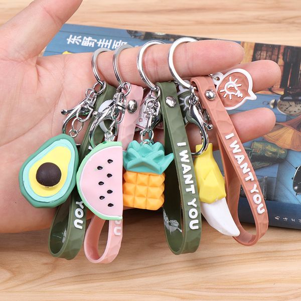 Moda estéreo dos desenhos animados frutas chaveiros chaveiro creativo desenhos animados saco de telefone móvel carro pingente divertido fruta keychain