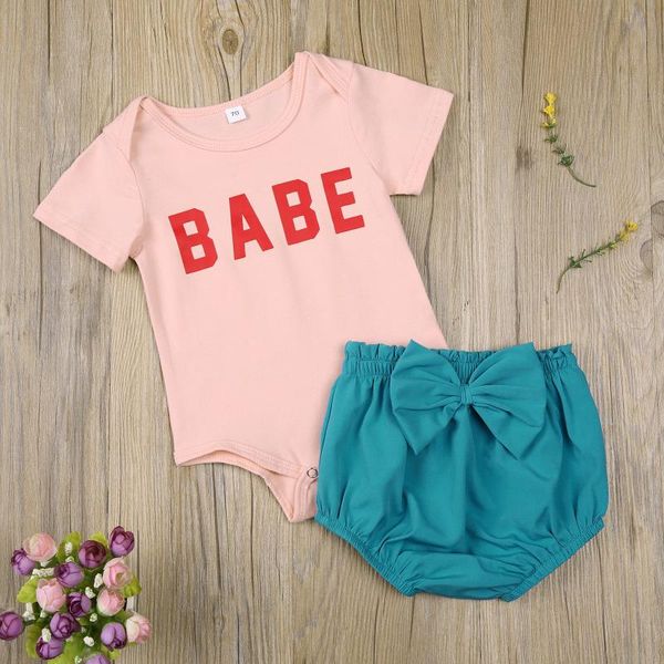 

clothing sets children kids cotton soft outwear set infant short sleeve letter printed romper +bow shorts summer casual baby girl 2pcs, White