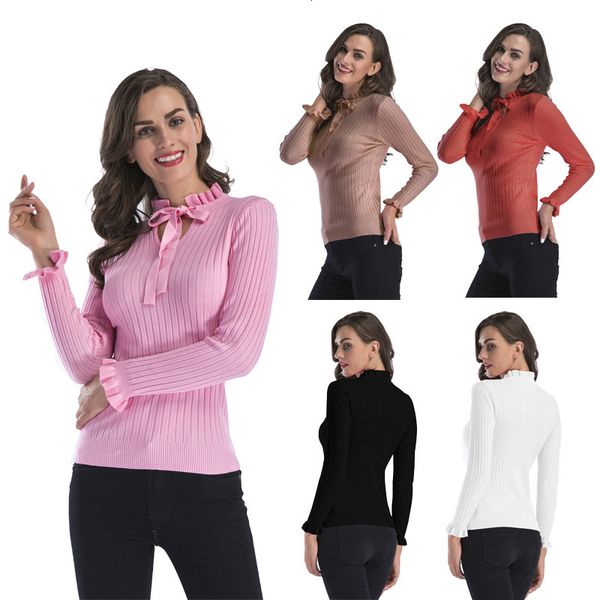 

women's sweaters women long butterfly collar sleeve knitted sweater ladies casual solid ruffles fashion spring pullover slim jumper, White;black