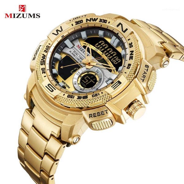 

wristwatches mizums luxury gold mens watch full steel military wristwatch digital sport watches men waterproof quartz clock relogio masculin, Slivery;brown