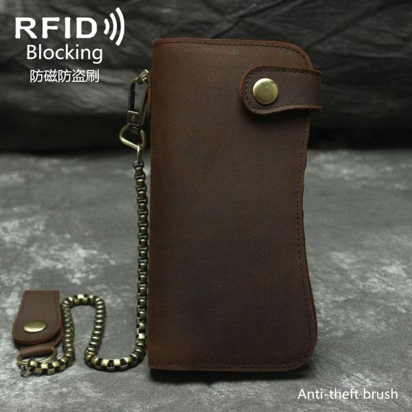 

wallets fashion leather men wallet buckle crazy horse long with chains vintage card holder antimagnetic lining rfid block, Red;black