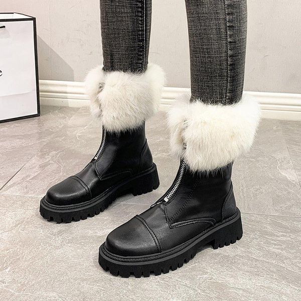 

boots rimocy fashion fluffy furry zip ankle women winter warm short plush pu leather woman skidproof chunky platform shoes, Black