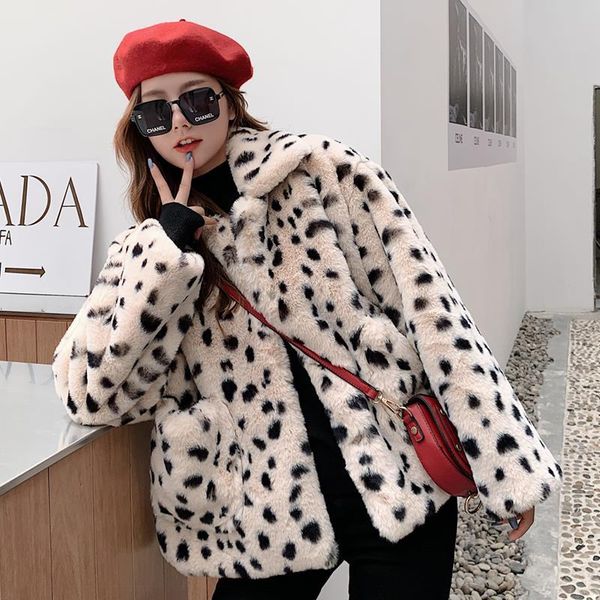 

new plush jacket women winter short korean version loose faux fur leopard print coat, Black