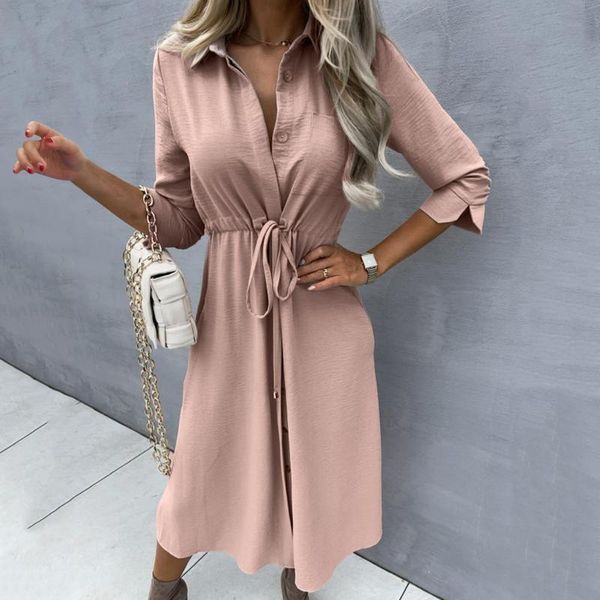 

casual dresses women shirt dress turn-down collar plus size office lady pure color buttons lace up waist maxi large, Black;gray