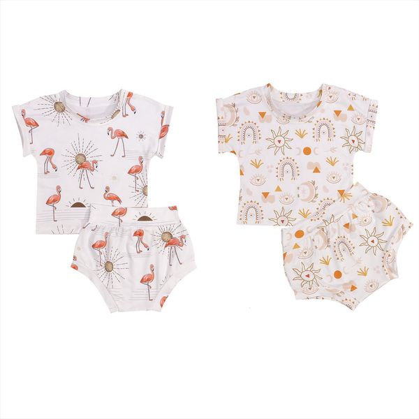 

2pcs summer causal baby girls boys clothes sets sleepwear flamingo floral printed t shirts shorts, White