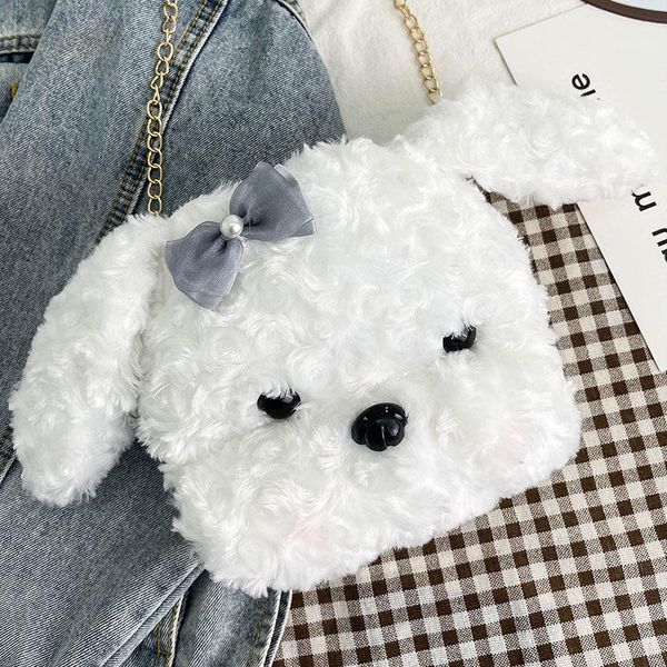 

cross body white plush dog crossbody bag for women cartoon chain shoulder trend ladies portable coin purse shopper