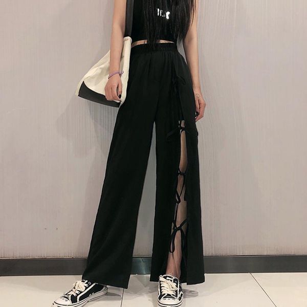 

women's pants & capris black sweatpants elastic waist split spring solid loose clothing high full length fashion brand, Black;white