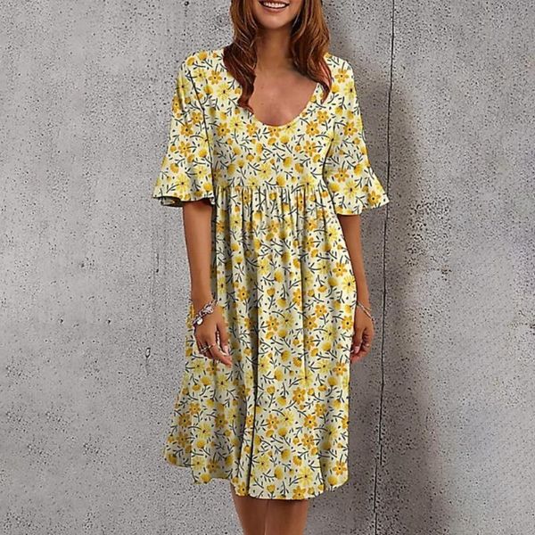 

casual dresses womens summer dress boho floral print short sleeve knee-length ladies loose a line beach robe femme vestidos, Black;gray
