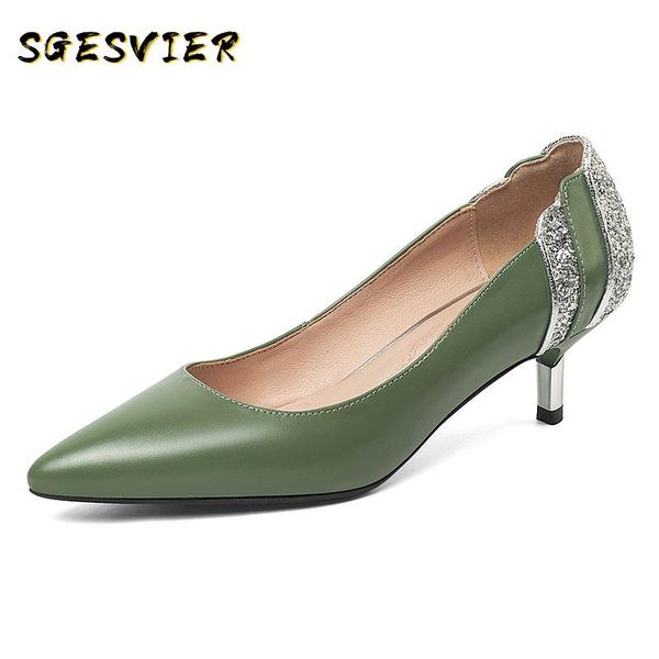 

dress shoes sgesvier fashion elegant pointed toe thin heel shallow women wedding party pumps bling slip-on genuine leather woman, Black