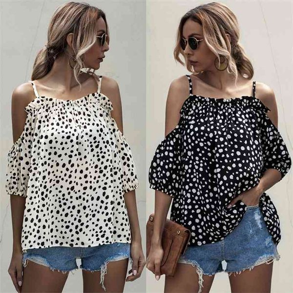 Rüschen Sexy Bluse Shirt Frauen Sommer Sling Off-the-Shoulder Rüschen Dot Polka Shirt Tops Büro Dame 210508