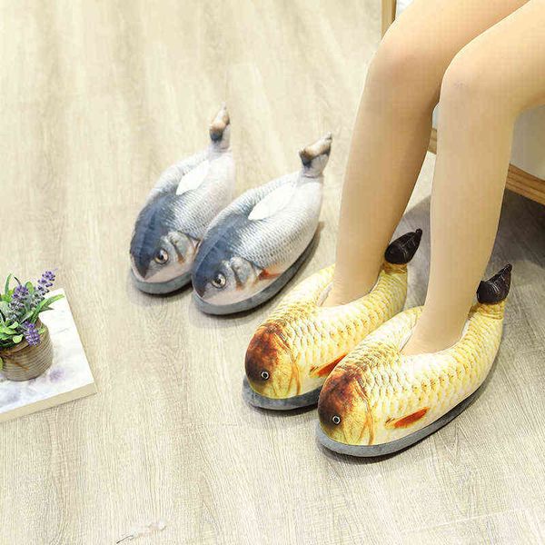 Casal inverno interior antiderrapante home slides sapatos dos desenhos animados homem engraçado peixe e mulheres morno peludo peludo chinelos sapatos de algodão bonito H1122