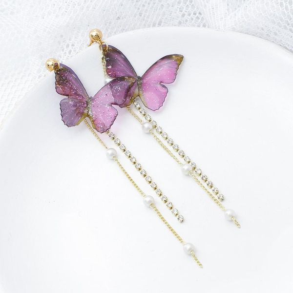 

lifefontier korean butterfly imitation pearl acrylic earrings for women fashion crystal long tassel female jewelry dangle & chandelier, Silver