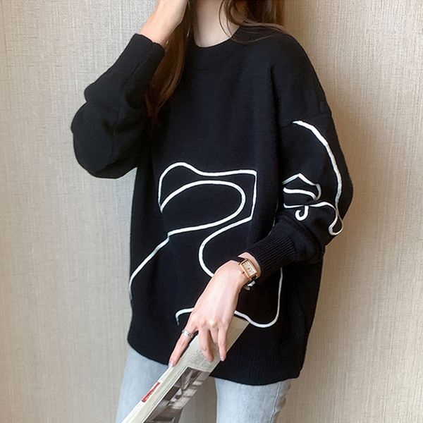 

black sweater line pullovers fall 2021 women clothing korean chic fashion o-neck vintage knitted casual long sleeve, White;black