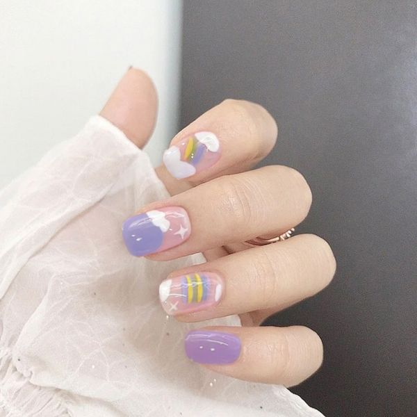 

decorated nail hand stylist diy nina pd-78 blue purple rainbow false nail patch wear enhancement finished, Red;gold