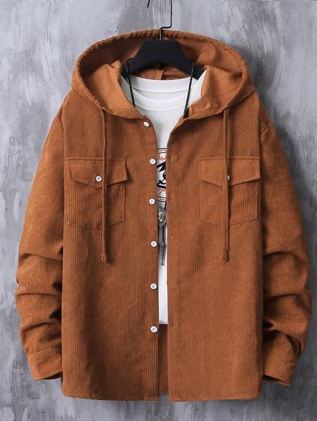

romwe guys corduroy button front hooded shirt g2ir#, White;black