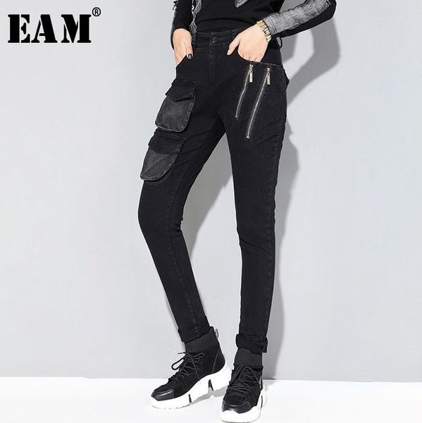 

women's pants & capris [eam] 2021 spring autumn high waist black loose pokcet zipper long denim pencil women trousers fashion tide jo13, Black;white
