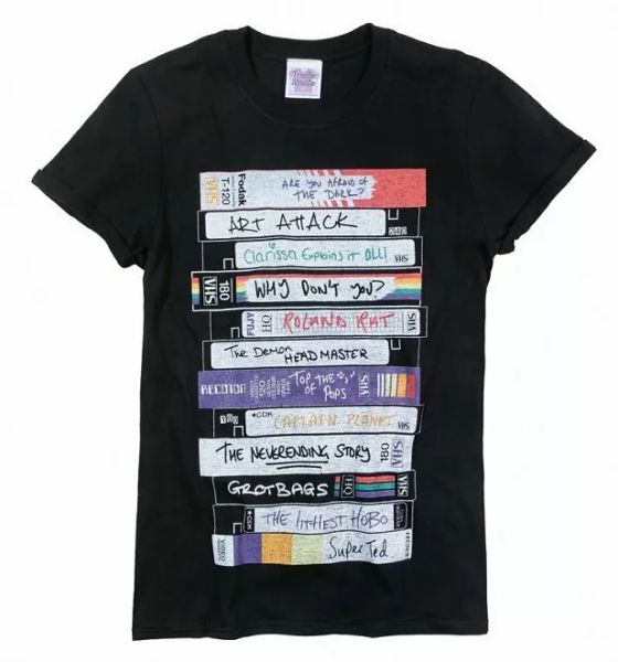 

women's retro video tapes rolled sleeve t-shirt, White;black