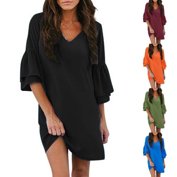 

casual dresses women summer tunic dress v neck loose flowy swing shift solid color half sleeve mini party #y10, Black;gray