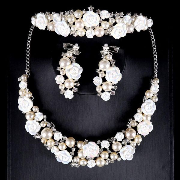 

earrings & necklace women ceramics flower crystal rhinstone pearl hair tiara and for bridal three-piece wedding jewelry set bh, Silver