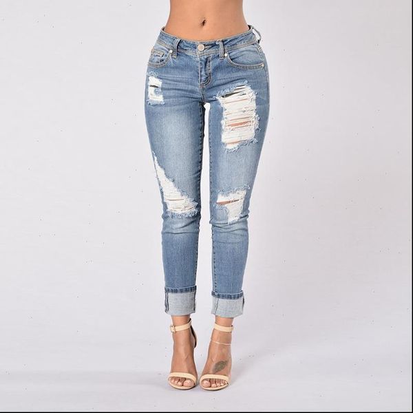 

boyfriend women jeans streetwear slim girls for cotton long solid summer waist ripped pants fall clothing denim low, Blue