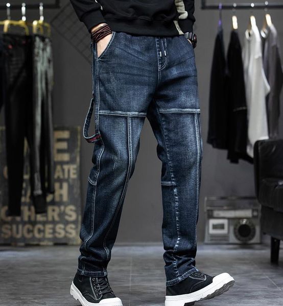 

men's jeans elastic waist loose mens hiphop baggy denim pants leisure men clothing cargo trousers big size 44 bottoms x00v, Blue