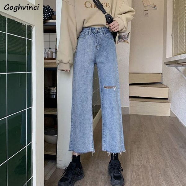 

jeans women solid denim hole zipper ankle-length straight korean style loose casual boyfriend slim soft all-match fashion women's, Blue