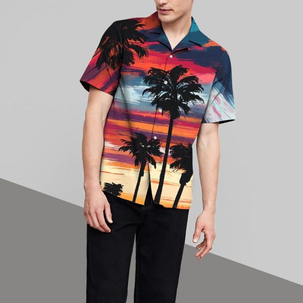 

men's casual shirts 2021 summer fashion striped/tree print short sleeve lapel loose hawaiian shirt beachwear travel, White;black