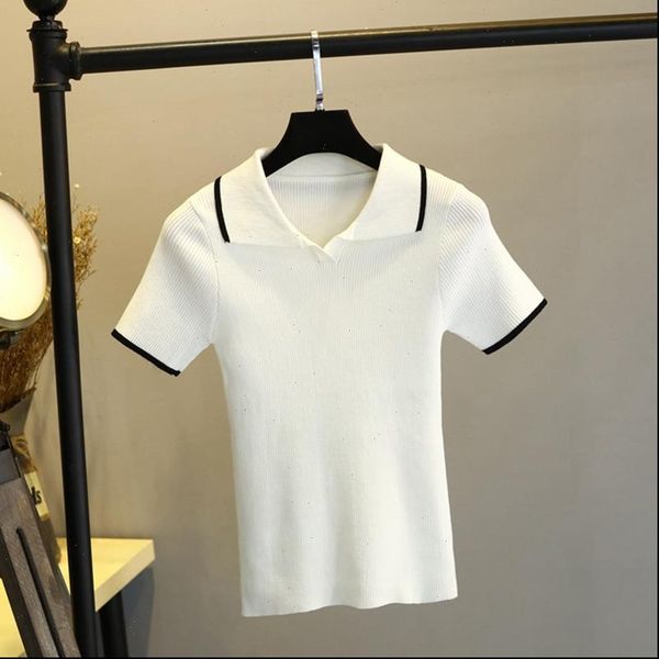 

summer womens knitted women t shirt breathable casual short sleeves rib fashion female tee drop, White
