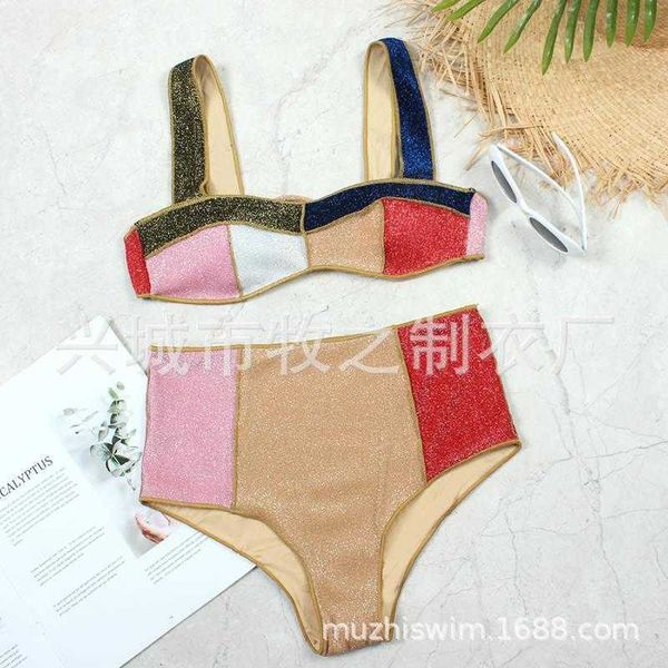 

muzhi 2021 high waisted women bikini gold wire swimsuit splicing, White;black