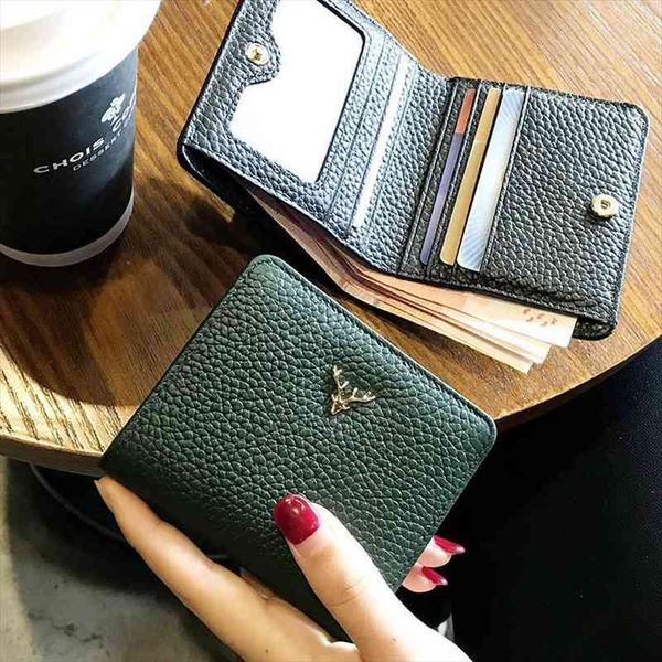 

leather small folding wallet womens short ultra thin mini fashion, Red;black