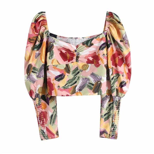 

women's knits & tees streetwear women gouache print shirts 2021 fashion ladies square collar elastic elegant female chic puff, White